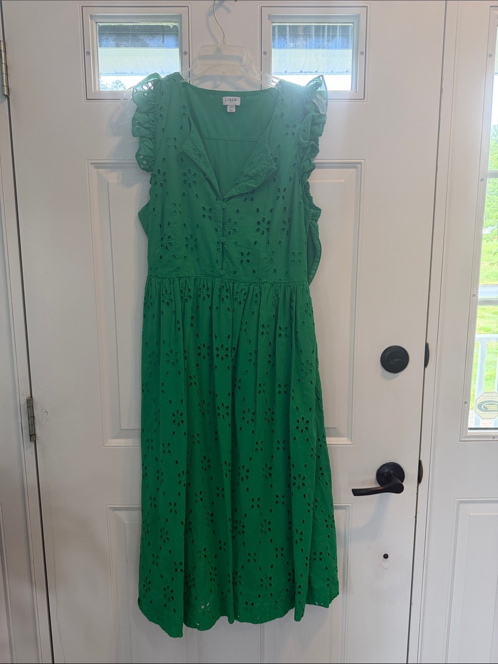 J. Crew Green Eyelet Midi Dress with Ruffle Sleeves
